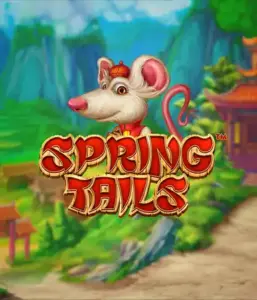 A whimsical illustration of a mouse wearing a red traditional Chinese outfit standing in a scenic landscape with mountains. The image promotes the Spring Tails game by Betsoft, highlighted with striking gold and red logo lettering.