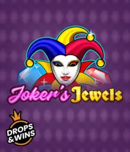 Experience the vibrant ambiance of Joker's Jewels slot by Pragmatic Play, featuring a charming joker's mask decorated with a multicolored jester hat. This graphic captures the joyful spirit of casino gaming, set against a purple background. Perfect for fans of joker-themed slots, delivering a thrilling adventure. 