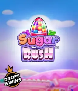 Enjoy the colorful world of Sugar Rush by Pragmatic Play, showcasing a vibrant candy dispenser against a whimsical candy landscape. This graphic captures the playfulness of the game, highlighted with multicolored candies and engaging typography. Perfect for candy lovers, delivering hours of fun. 